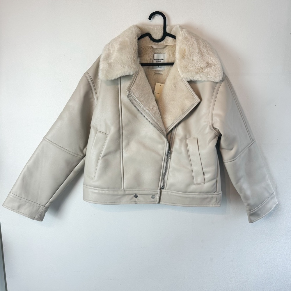 Abercrombie & Fitch Vegan Leather Aviator Jacket Shearling Beige Size L NWT - Picture 6 of 8